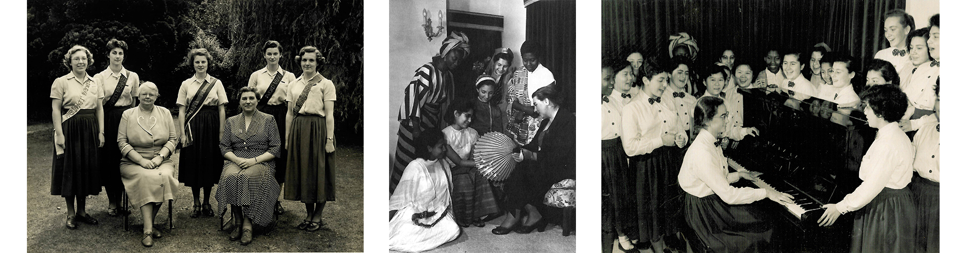 1953 Miss B & T with Prefects;  The United Nations: Miss Tucker and the 'Overseas' Girls;  Mimi as a pupil at the piano.